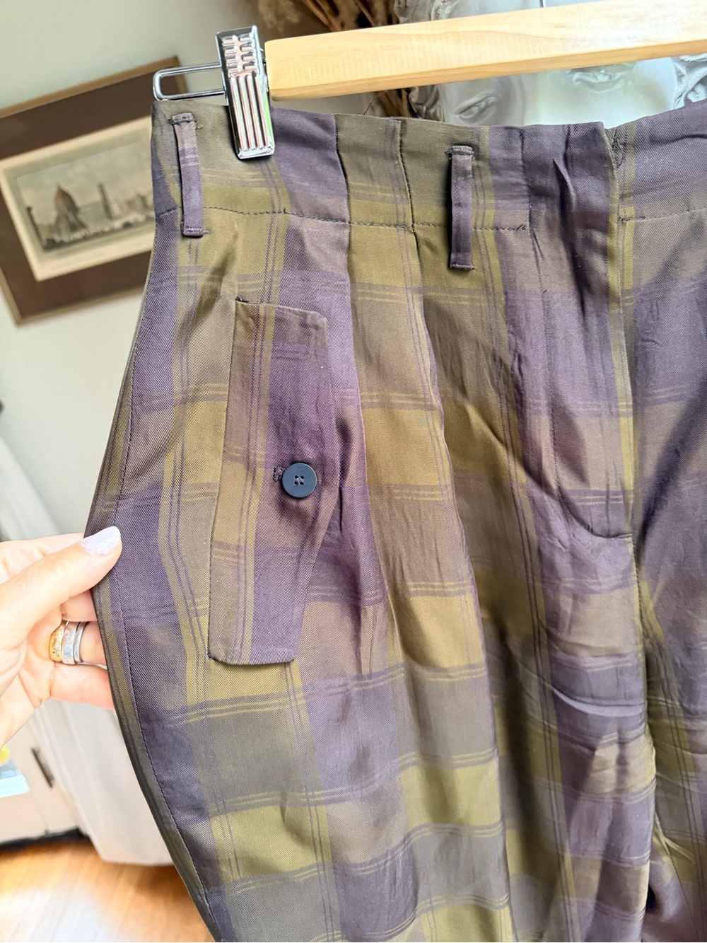 Zara green and plum mildly barreled Trousers